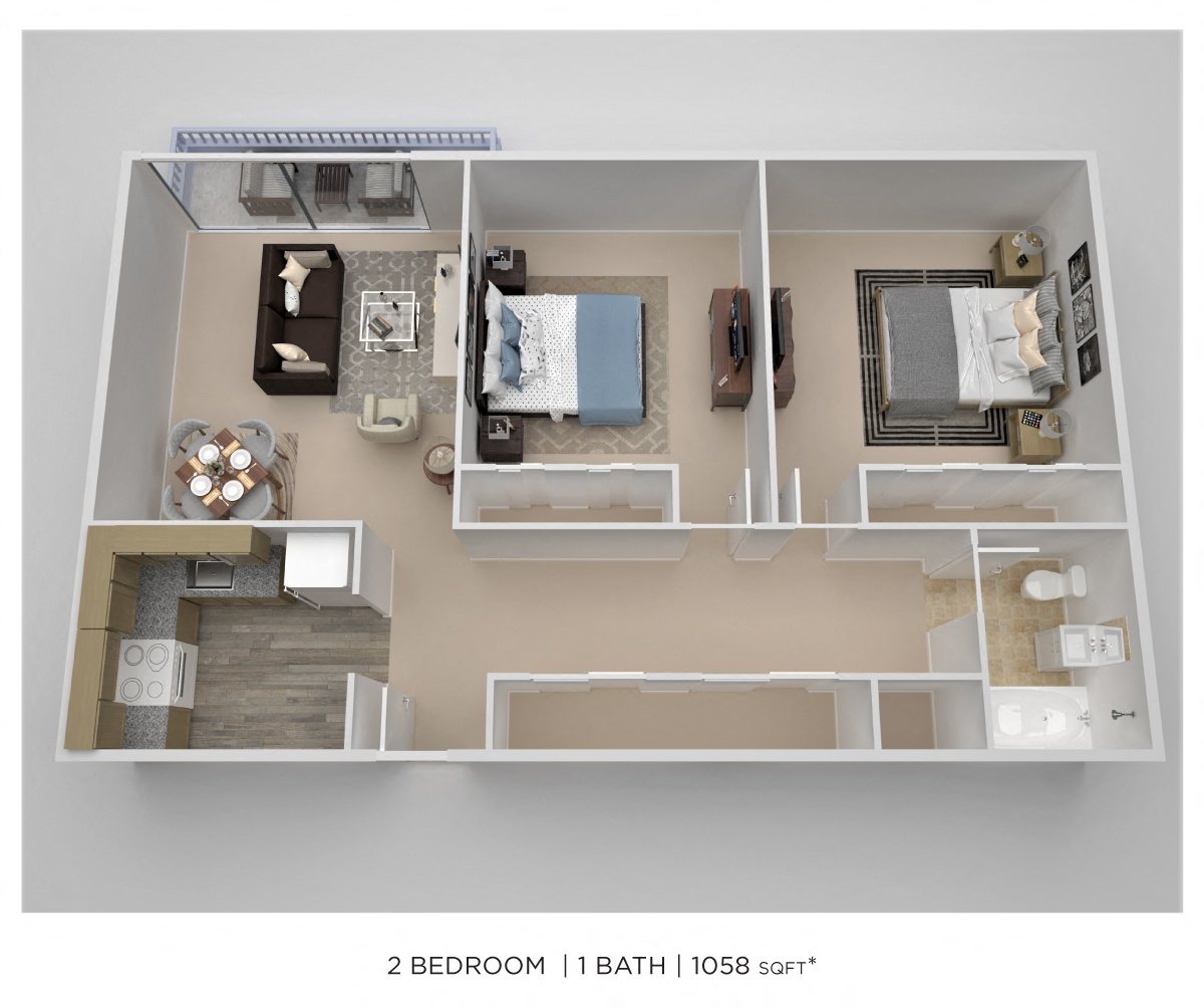 Floor plan for 2 beds, 1 bath, 1058 sqft