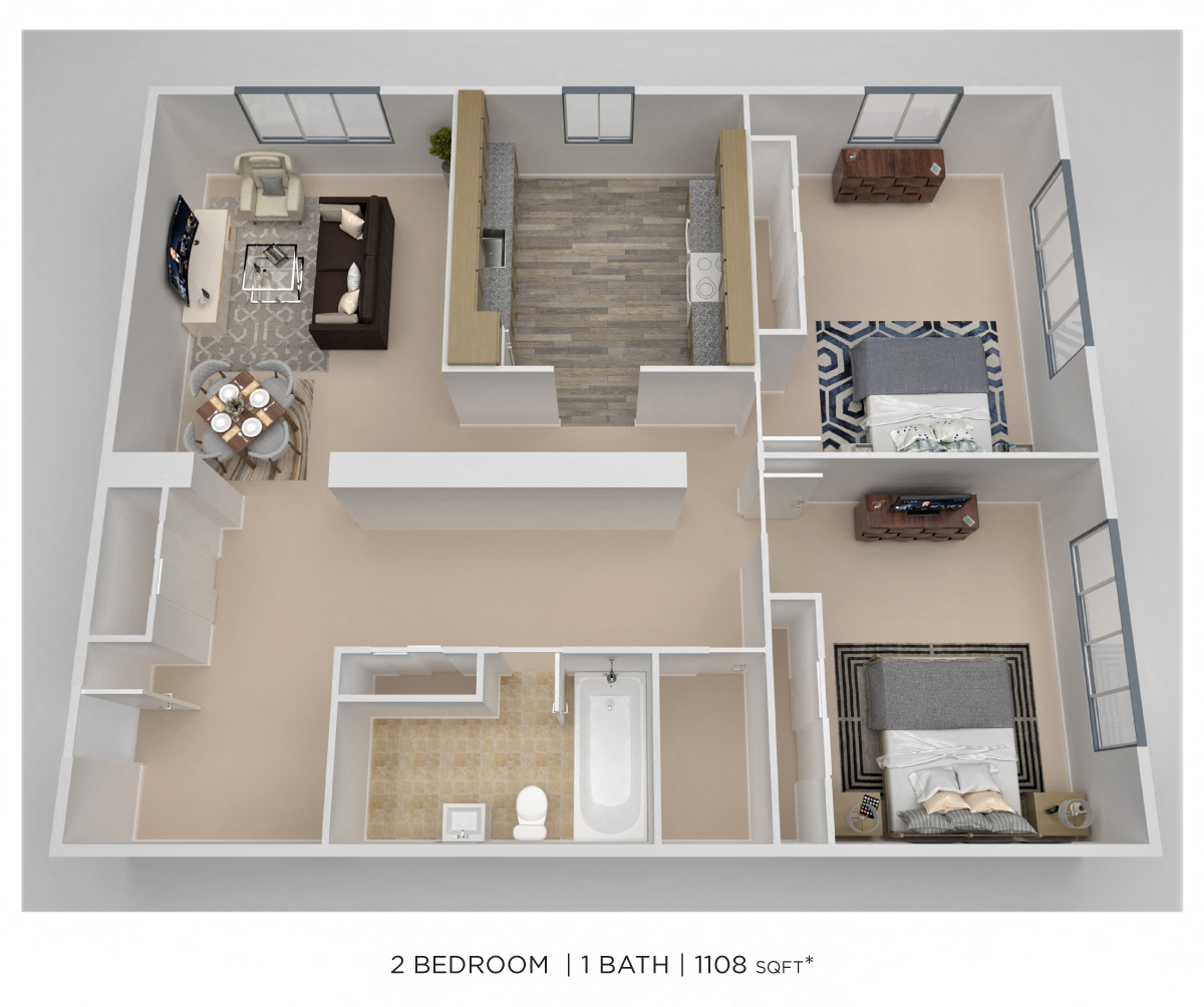 Floor plan for 2 beds, 1 bath, 1108 sqft