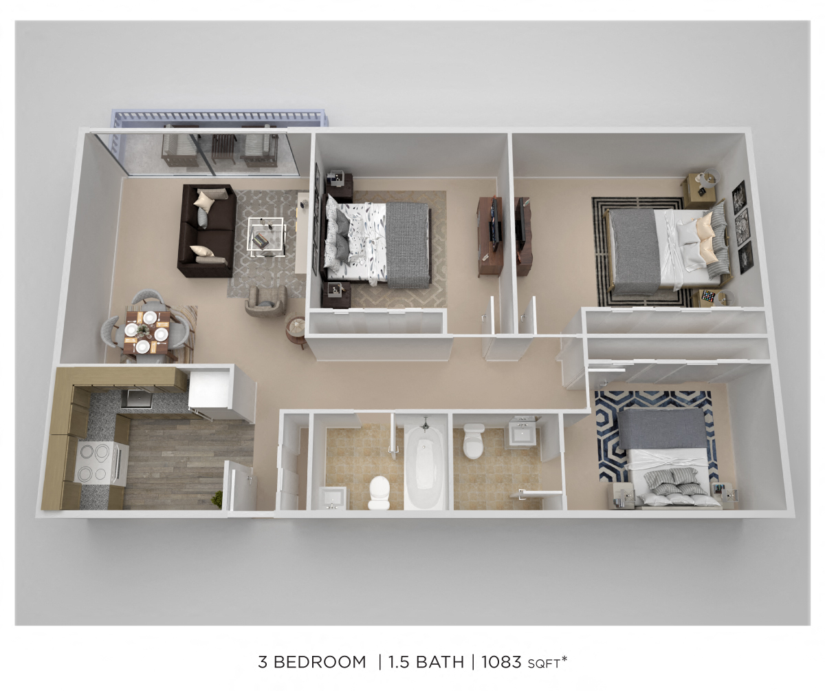 Floor plan for 3 beds, 1.5 baths, 1083 sqft