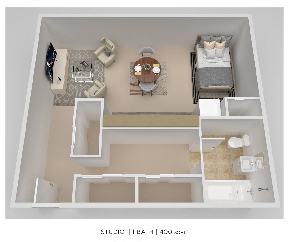 Floor plan for studio, 1 bath, 400 sqft