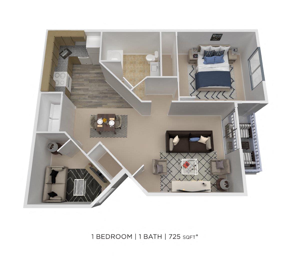 Floor plan for 1 bed, 1 bath, 725 sqft