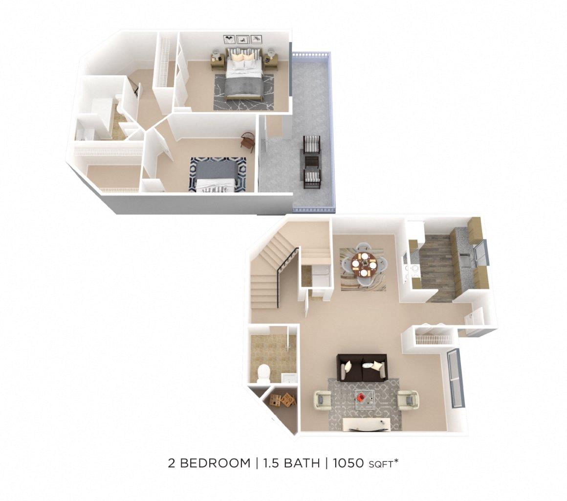 Floor plan for 2 beds, 1.5 baths, 1050 sqft