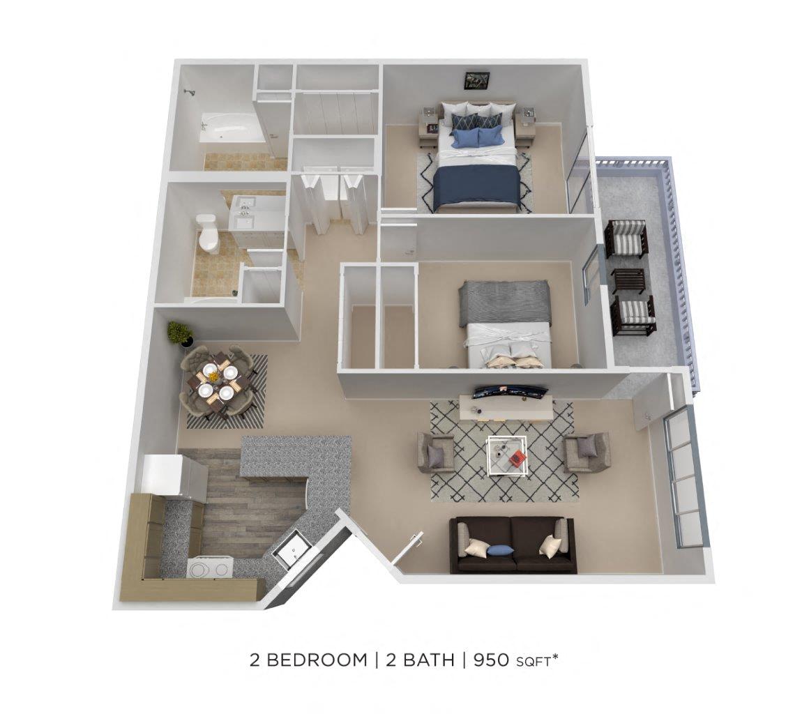 Floor plan for 2 beds, 2 baths, 950 sqft