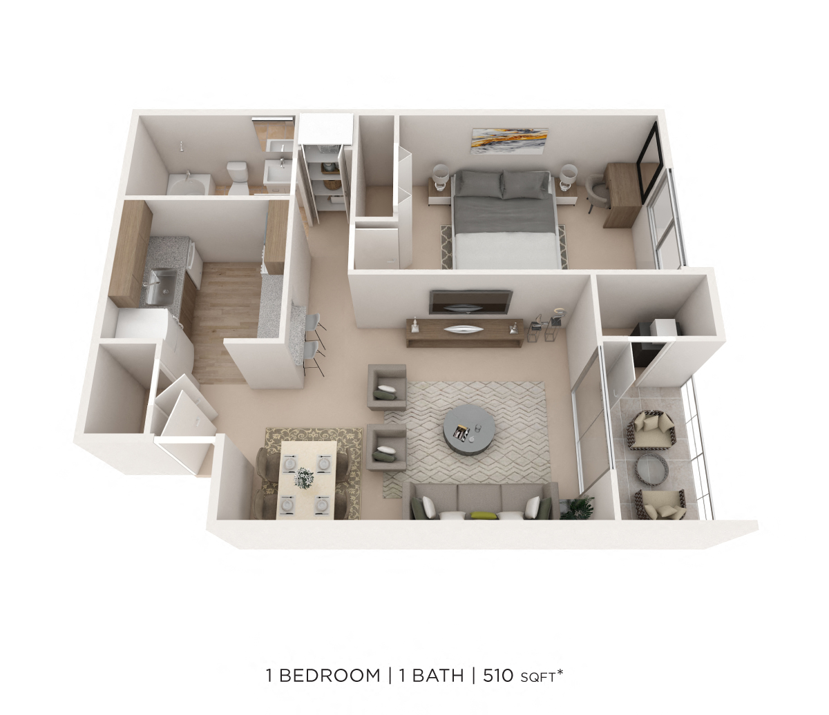 Floor plan for 1 bed, 1 bath, 510 sqft