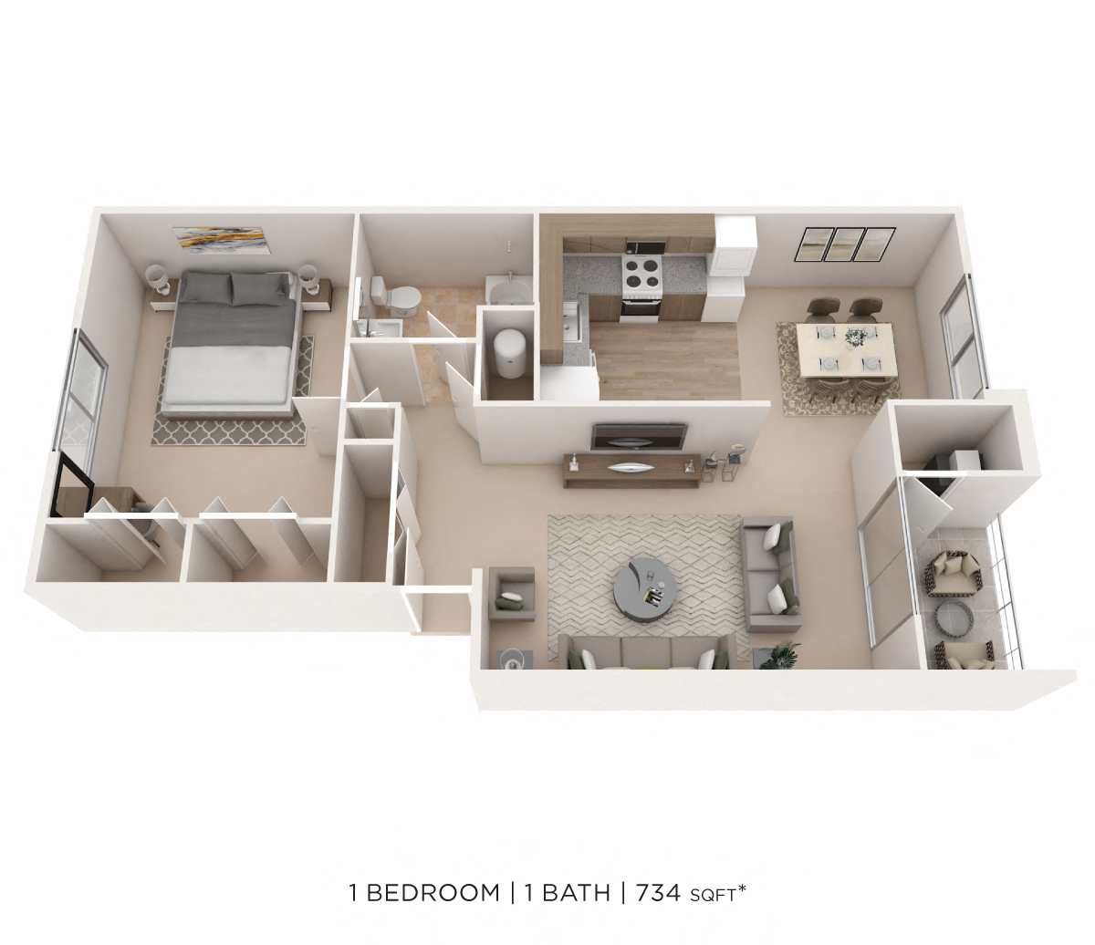 Floor plan for 1 bed, 1 bath, 734 sqft