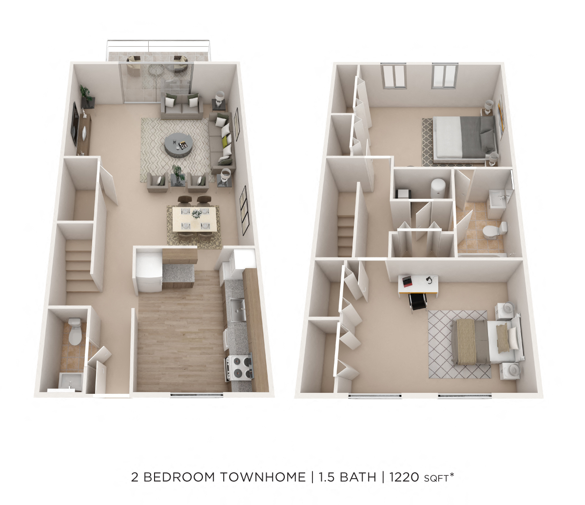 Floor plan for 2 beds, 1.5 baths, 1220 sqft