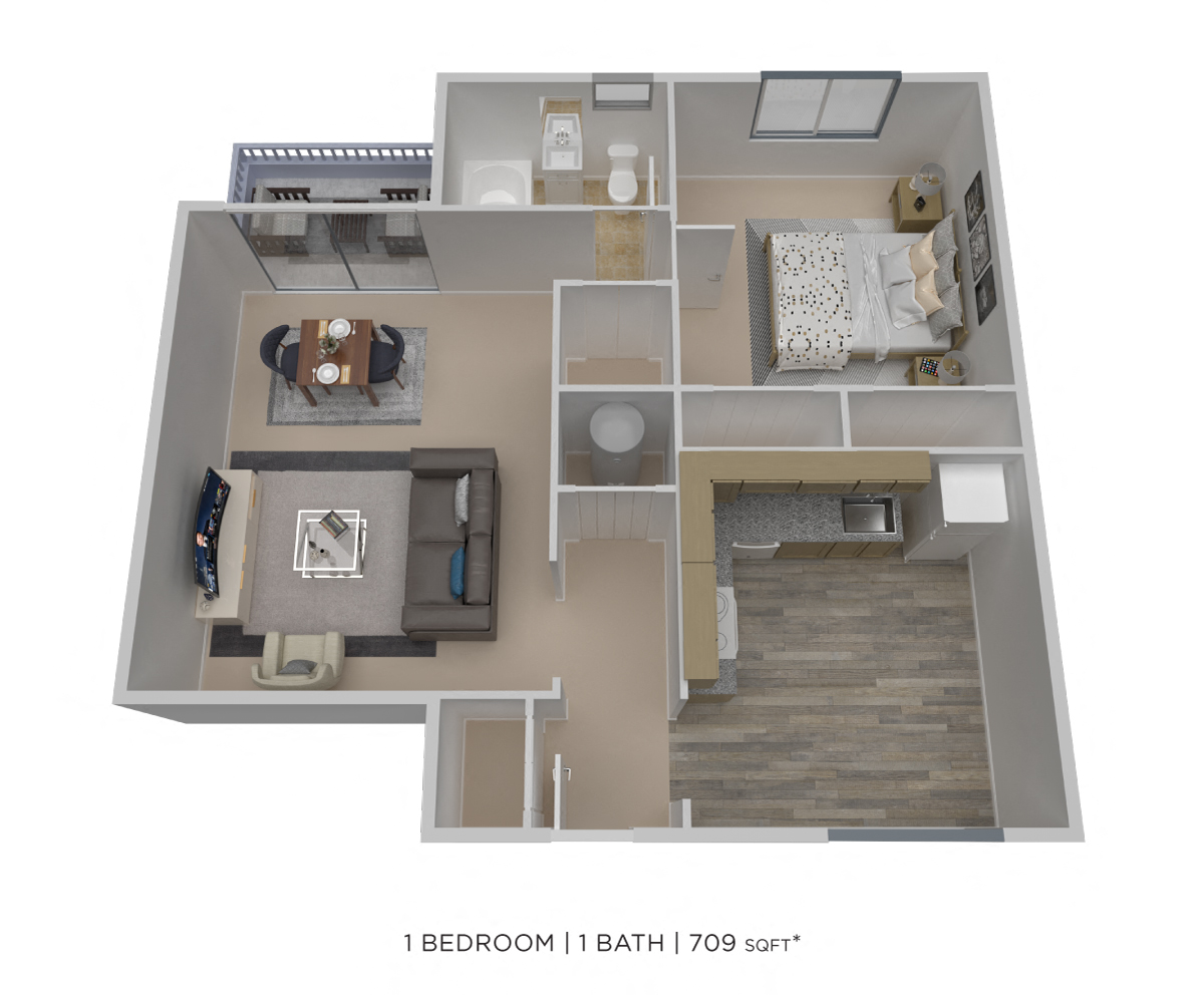 Floor plan for 1 bed, 1 bath, 709 sqft