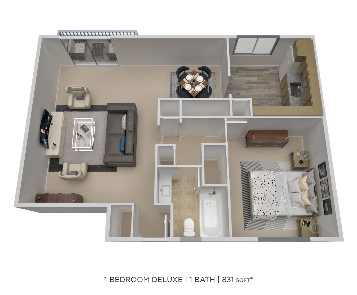 Floor plan for 1 bed, 1 bath, 831 sqft