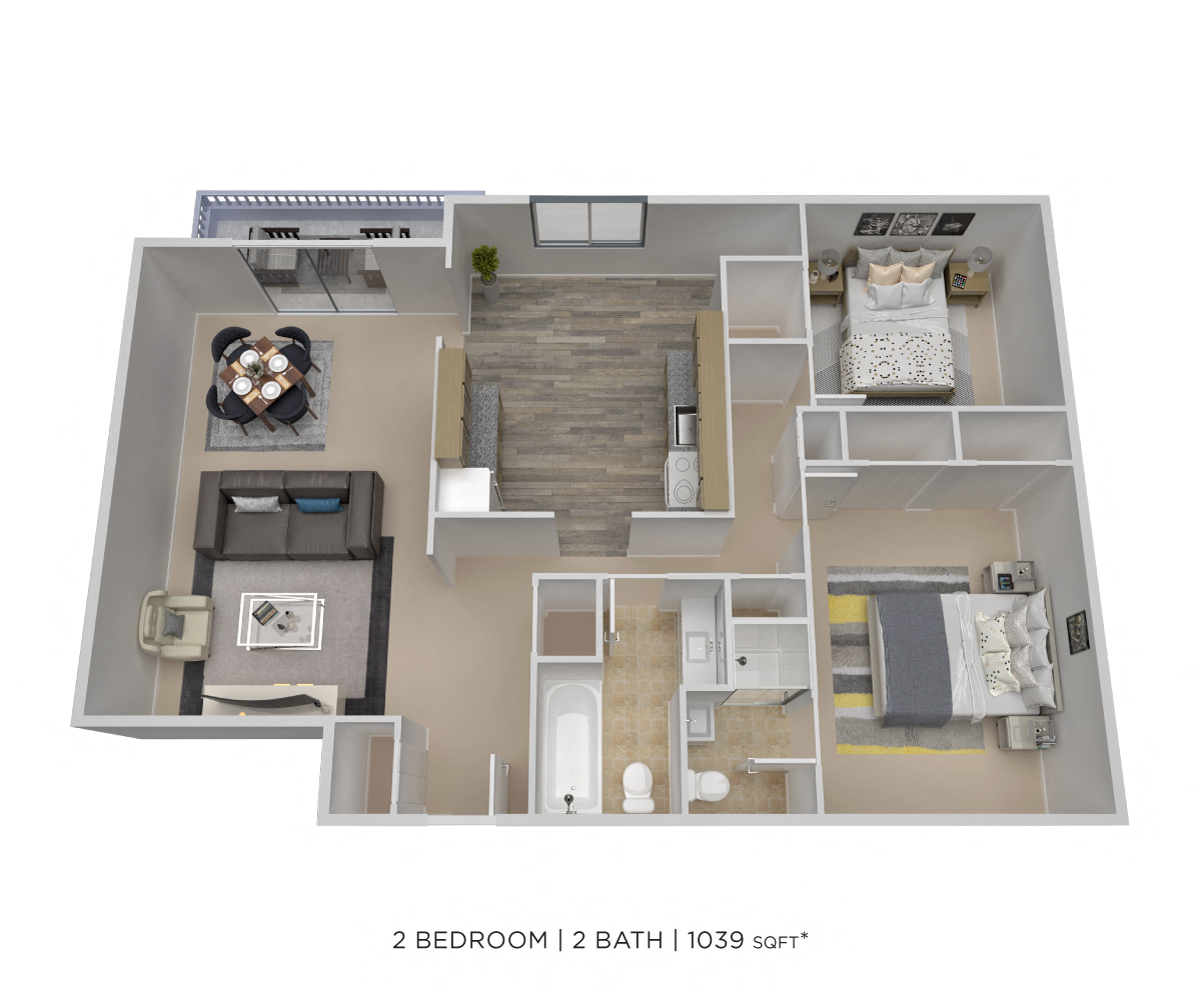 Floor plan for 2 beds, 2 baths, 1039 sqft