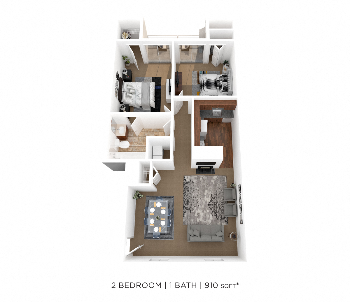 Floor plan for 2 beds, 1 bath, 910 sqft