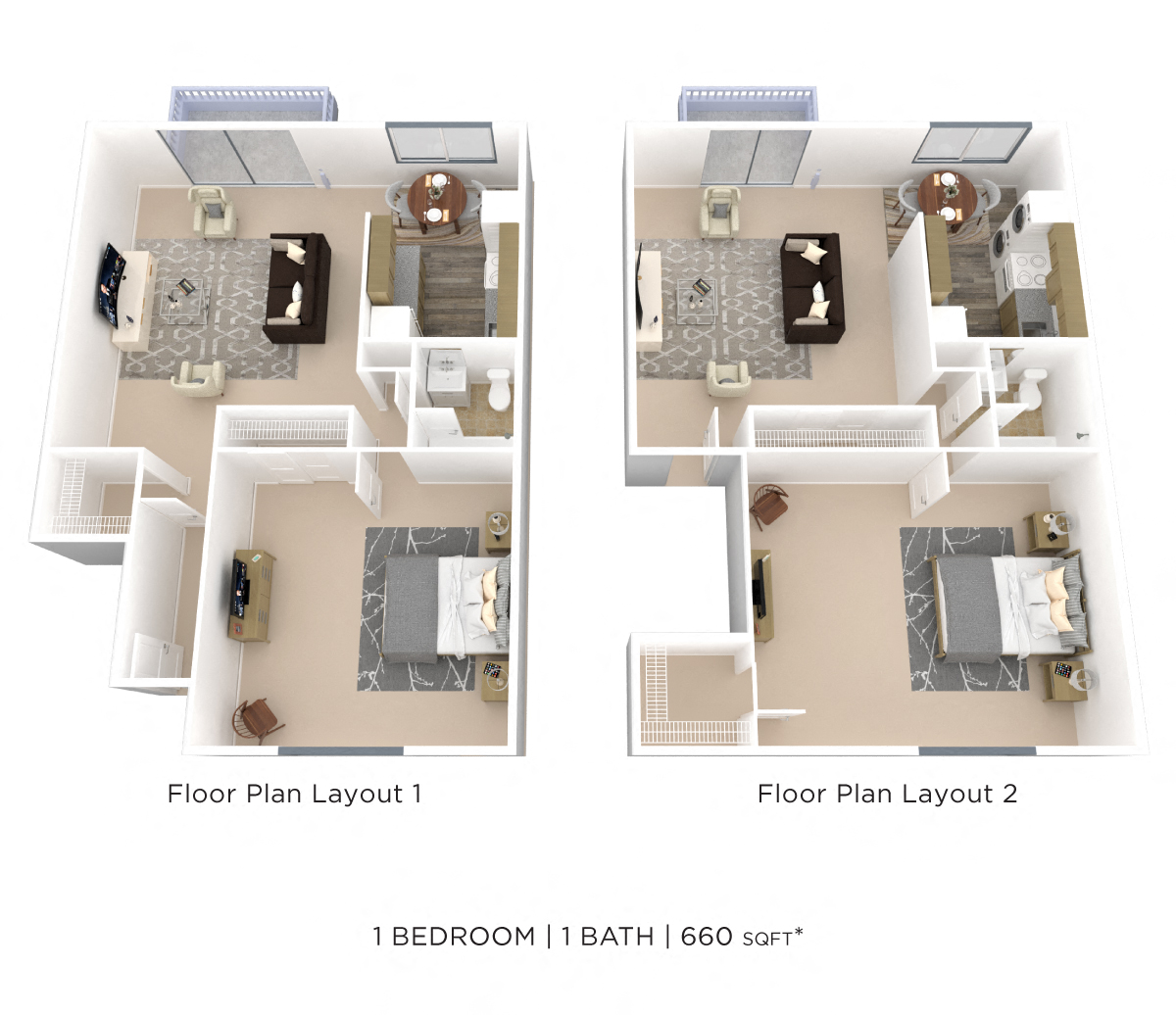 Floor plan for 1 bed, 1 bath, 660 sqft