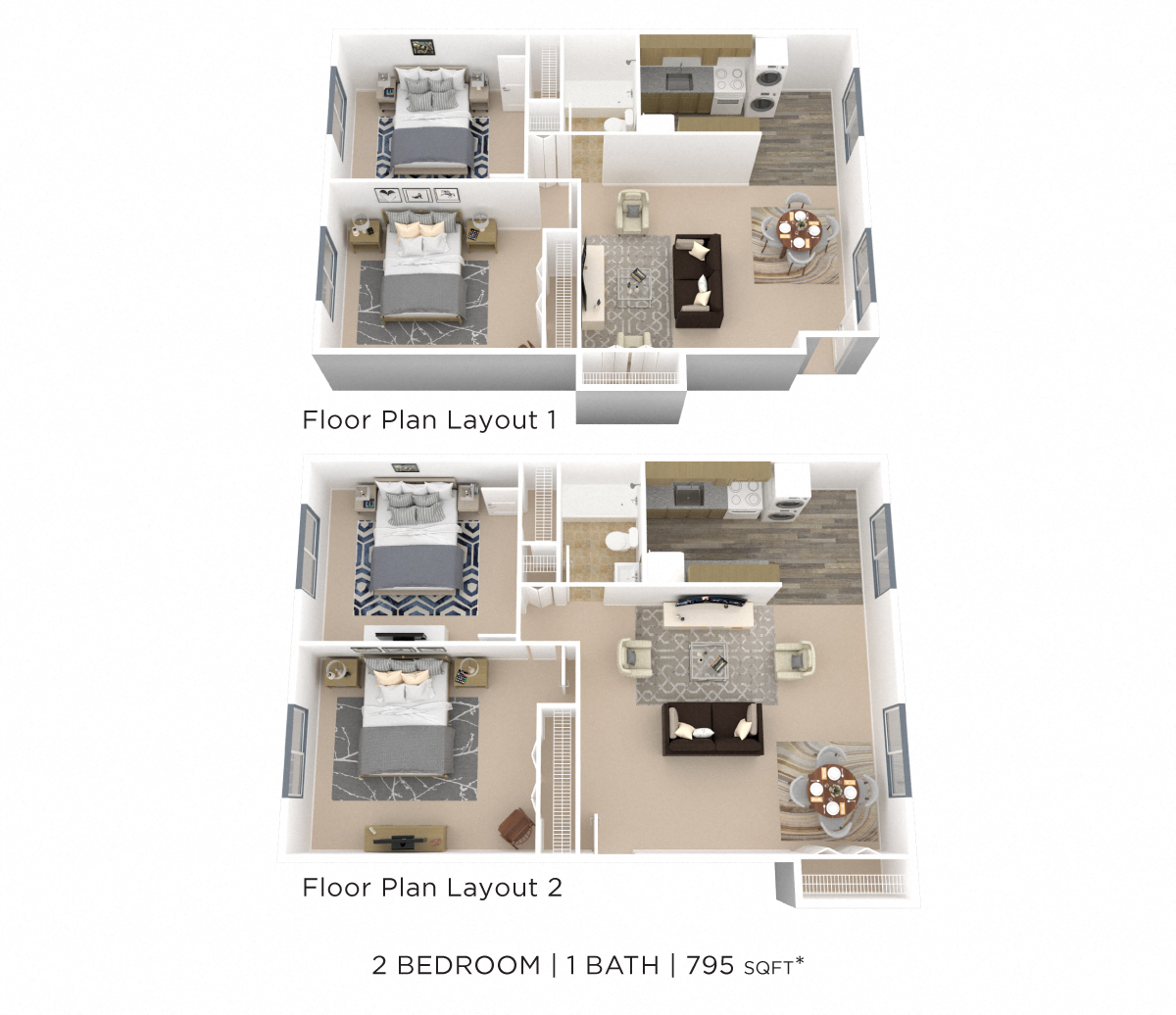 Floor plan for 2 beds, 1 bath, 795 sqft