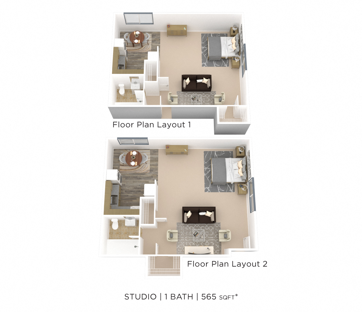 Floor plan for studio, 1 bath, 565 sqft