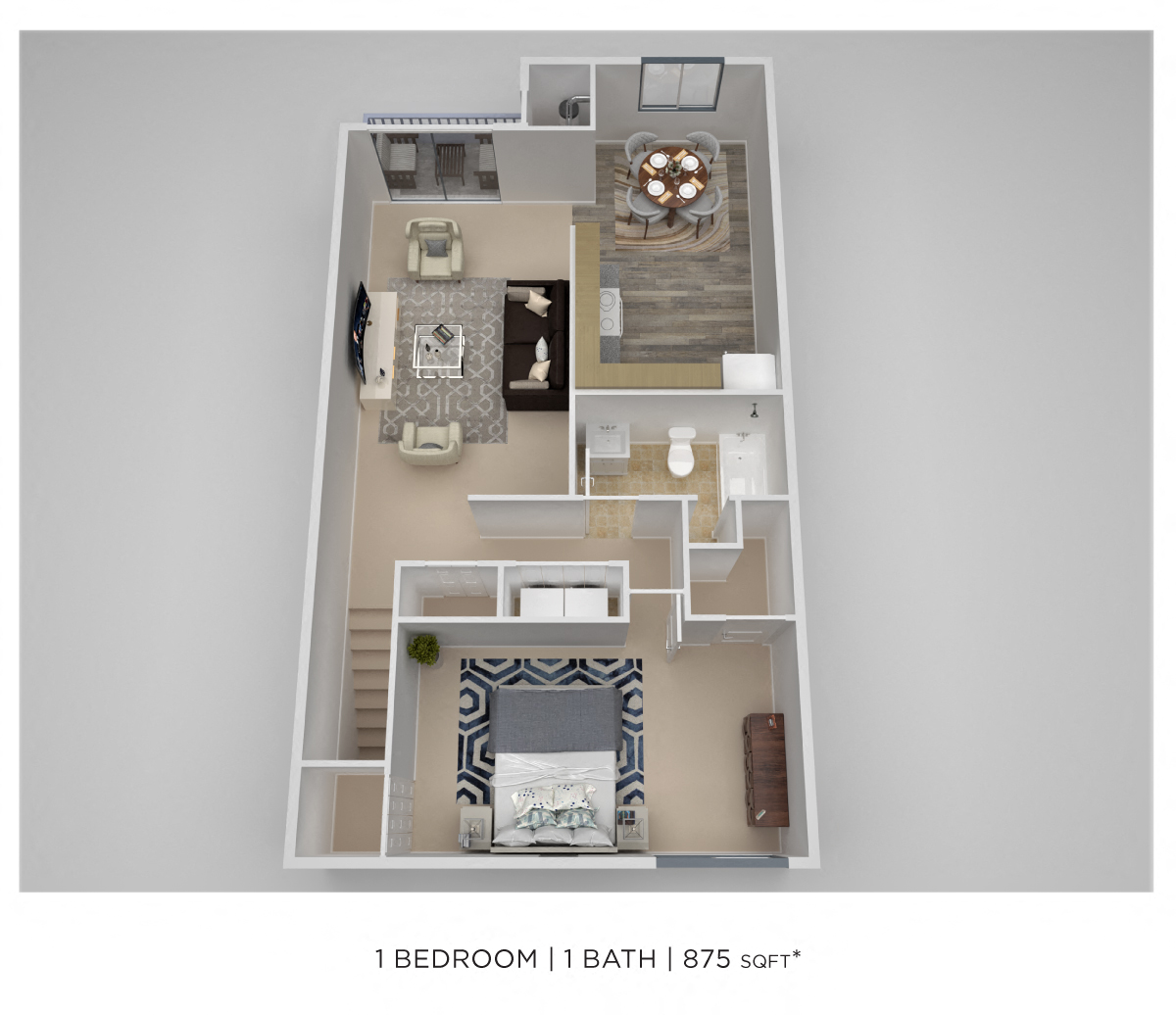 Floor plan for 1 bed, 1 bath, 875 sqft