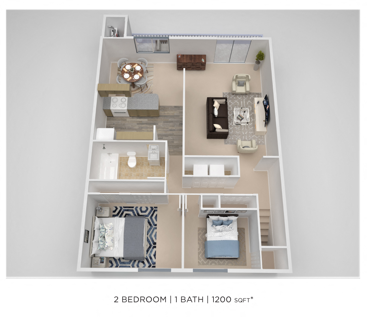 Floor plan for 2 beds, 1 bath, 1200 sqft