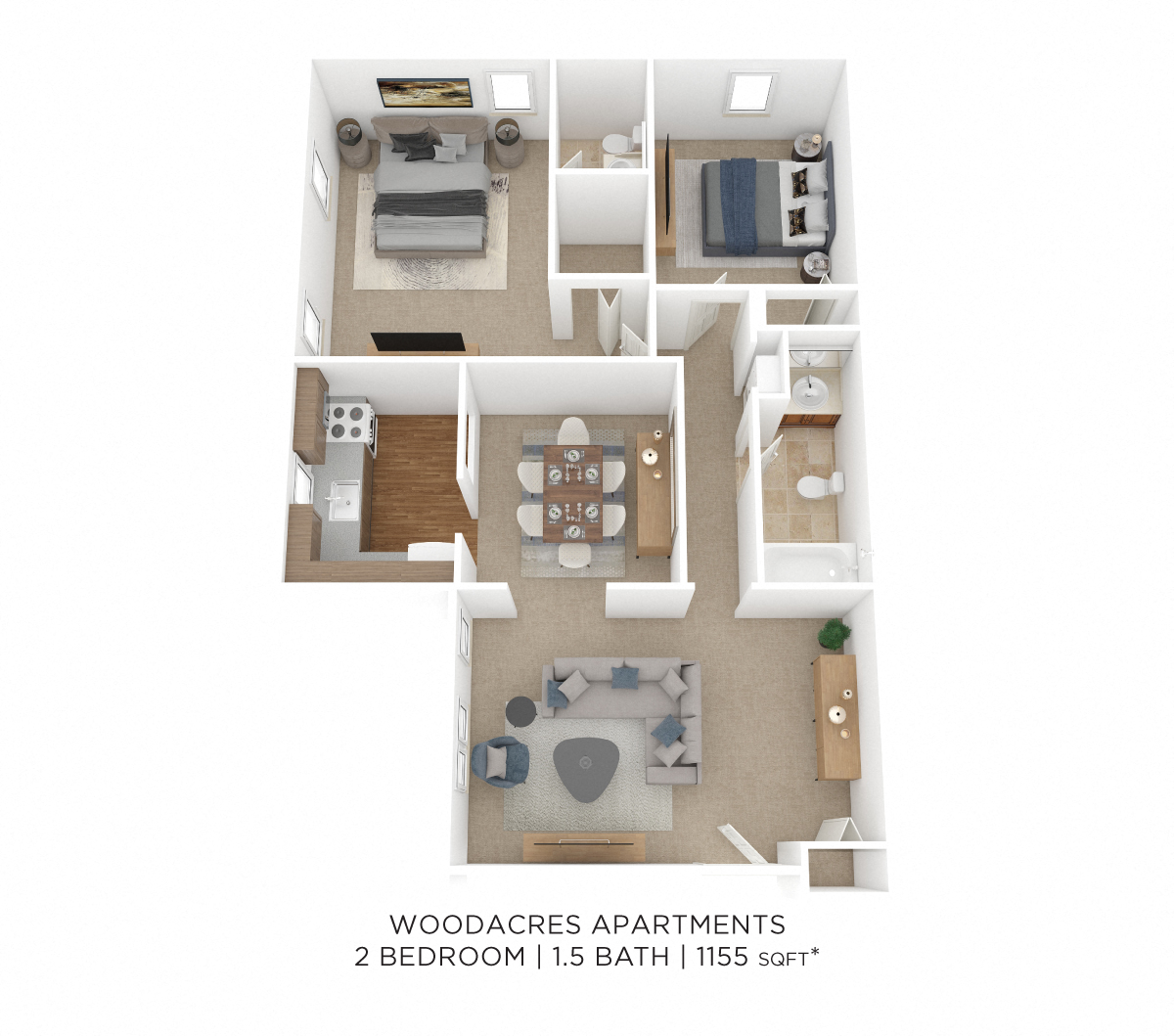Floor plan for 2 beds, 1.5 baths, 1000 sqft