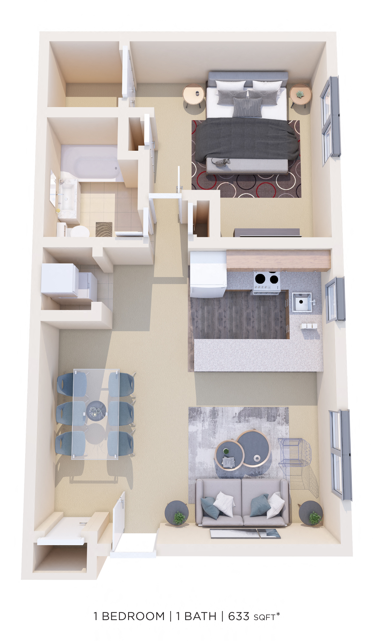 Floor plan for 1 bed, 1 bath, 633 sqft