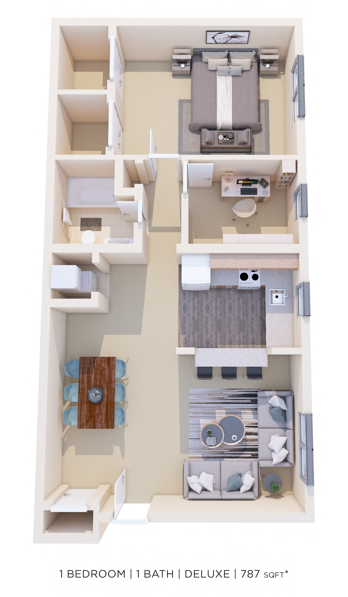 Floor plan for 1 bed, 1 bath, 787 sqft