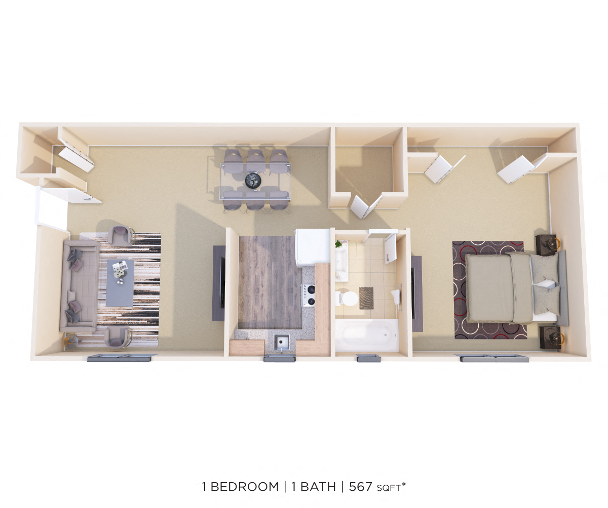 Floor plan for 1 bed, 1 bath, 527 sqft
