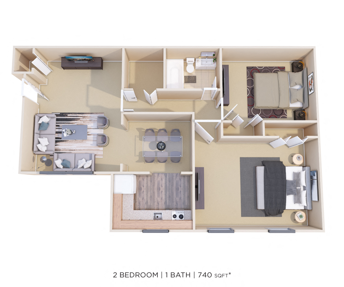 Floor plan for 2 beds, 1 bath, 740 sqft
