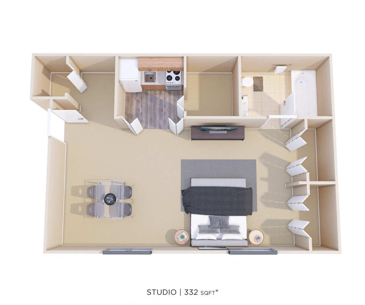 Floor plan for studio, 1 bath, 322 sqft