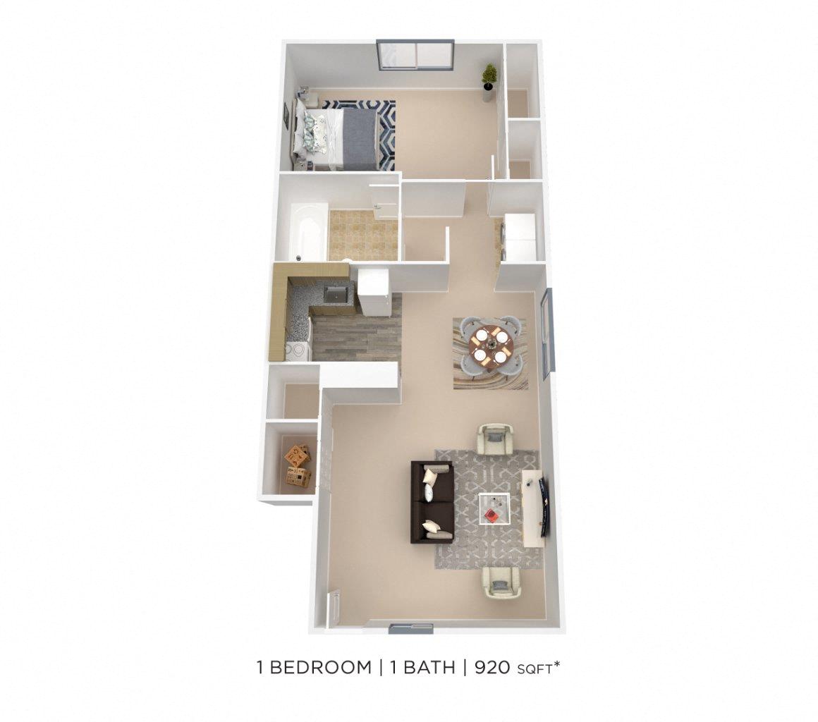 Floor plan for 1 bed, 1 bath, 920 sqft