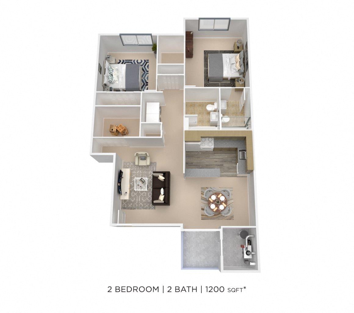 Floor plan for 2 beds, 2 baths, 1200 sqft