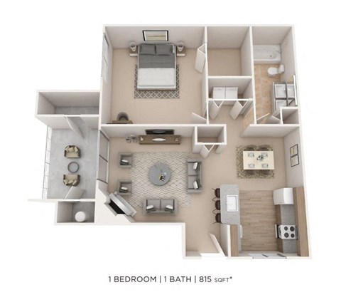 Floor plan for 1 bed, 1 bath, 815 sqft