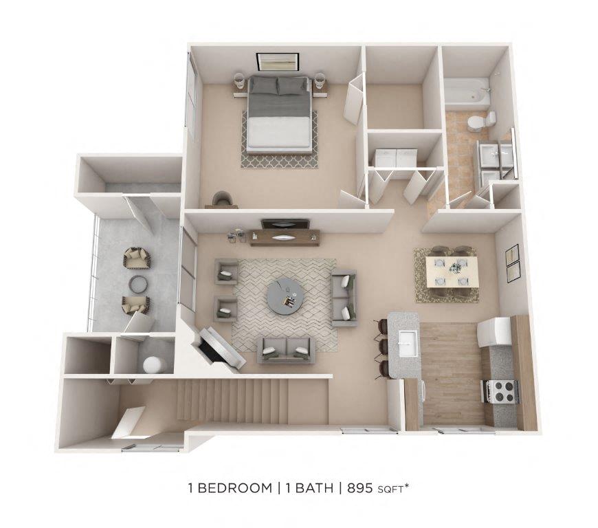 Floor plan for 1 bed, 1 bath, 895 sqft