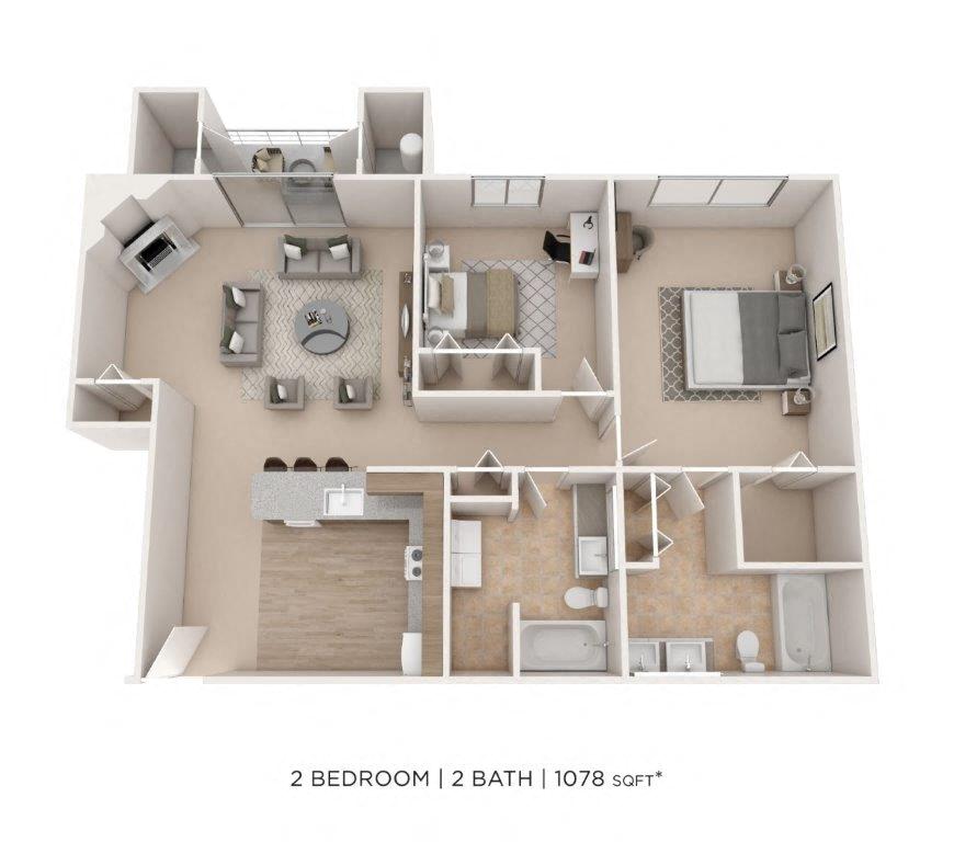 Floor plan for 2 beds, 2 baths, 1078 sqft