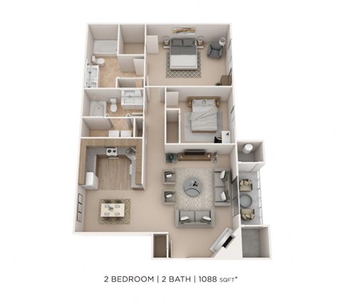 Floor plan for 2 beds, 2 baths, 1088 sqft