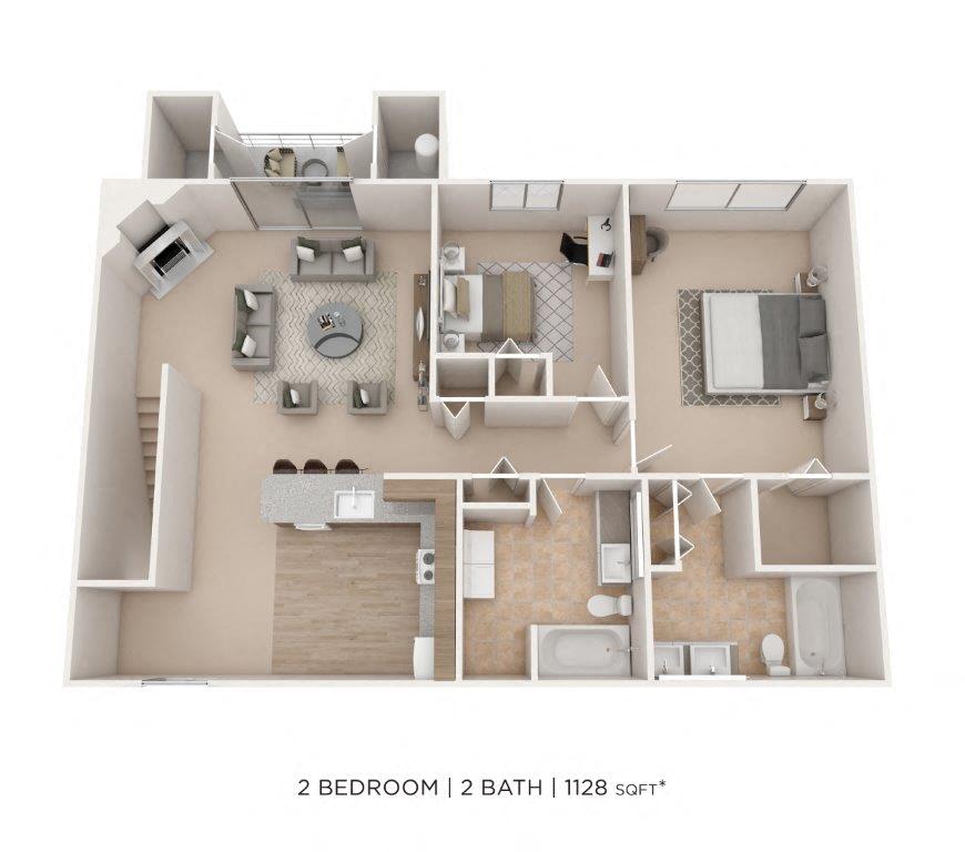 Floor plan for 2 beds, 2 baths, 1128 sqft