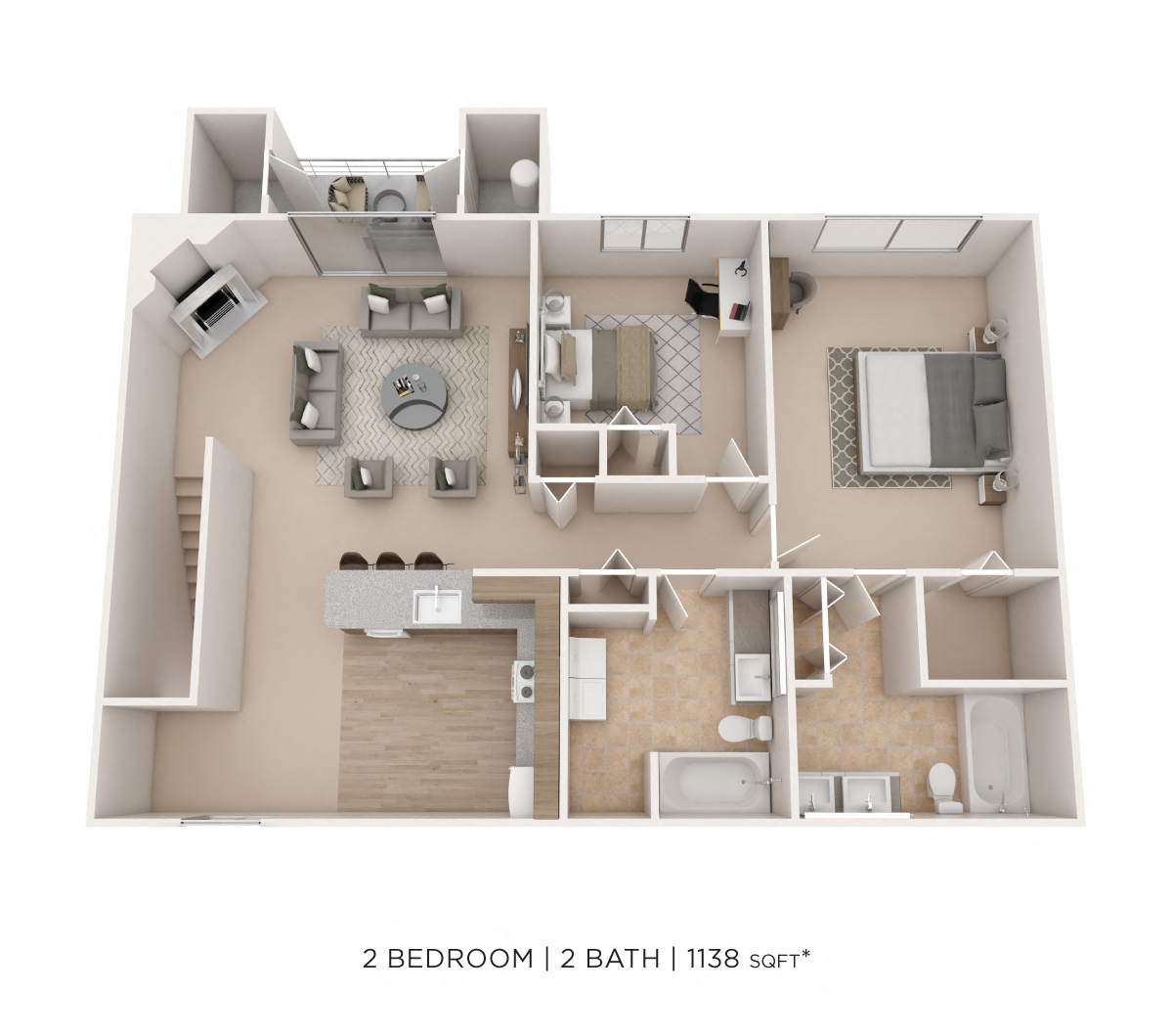 Floor plan for 2 beds, 2 baths, 1138 sqft