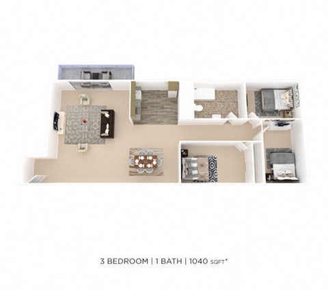 Floor plan for 3 beds, 1 bath, 1040 sqft