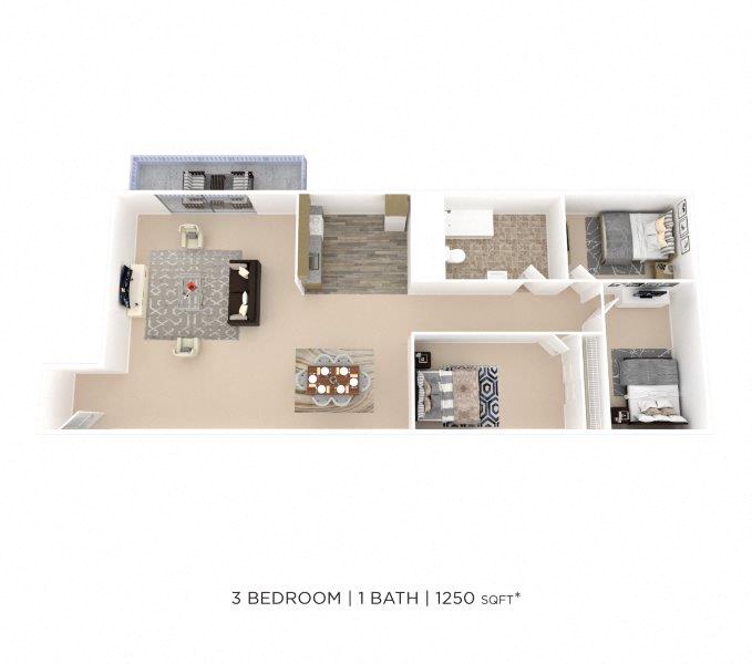 Floor plan for 3 beds, 1.5 baths, 980 sqft