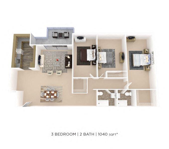 Floor plan for 3 beds, 2 baths, 1250 sqft