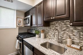 Randallstown apartment for rent - A kitchen with brown cabinets and a stainless steel sink.