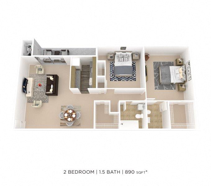 Floor plan for 2 beds, 1.5 baths, 890 sqft