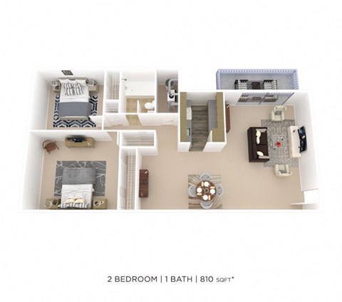 Floor plan for 2 beds, 1 bath, 890 sqft
