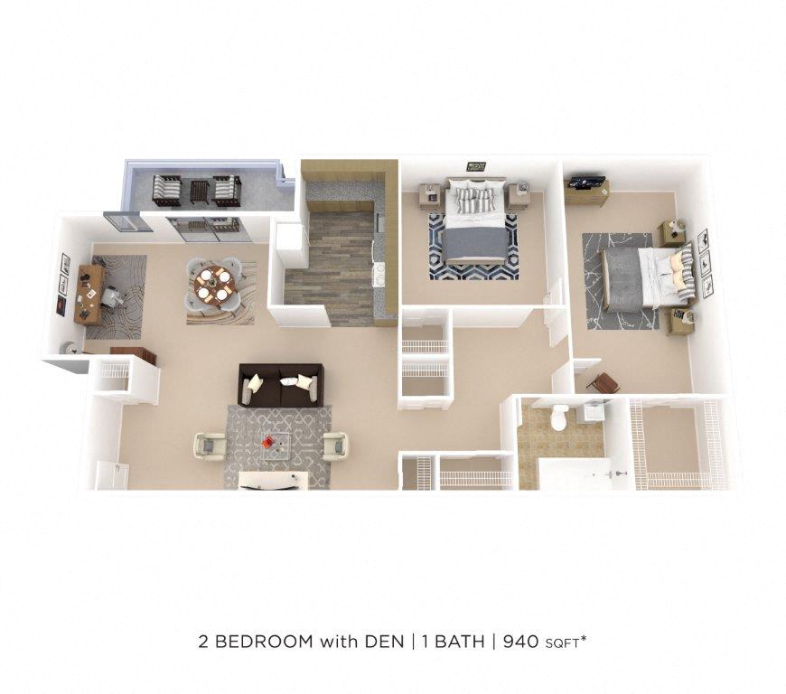 Floor plan for 2 beds, 1 bath, 940 sqft