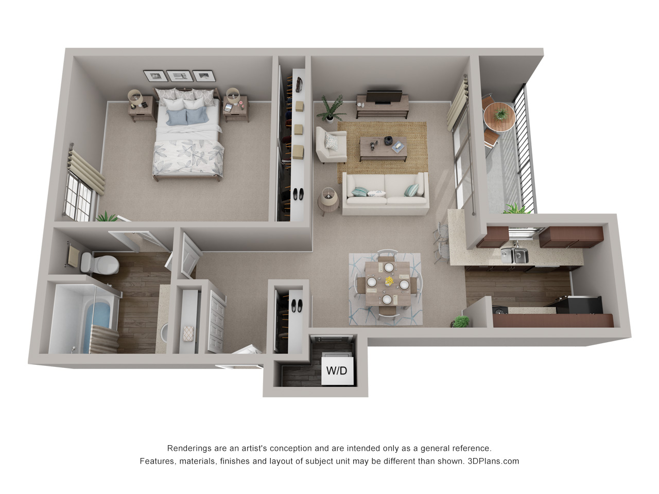Floor plan for 1 bed, 1 bath, 750 sqft