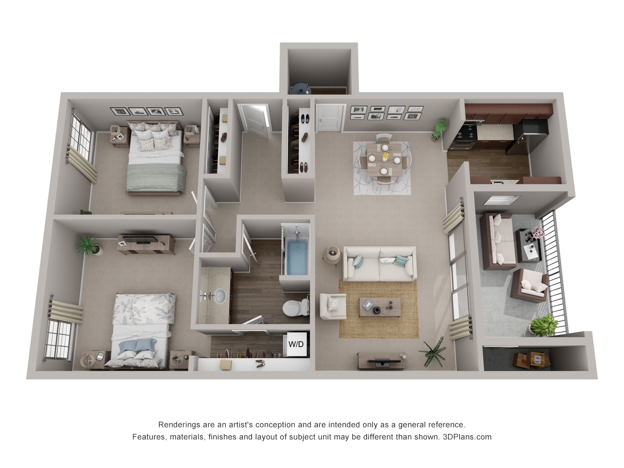 Floor plan for 2 beds, 1 bath, 950 sqft
