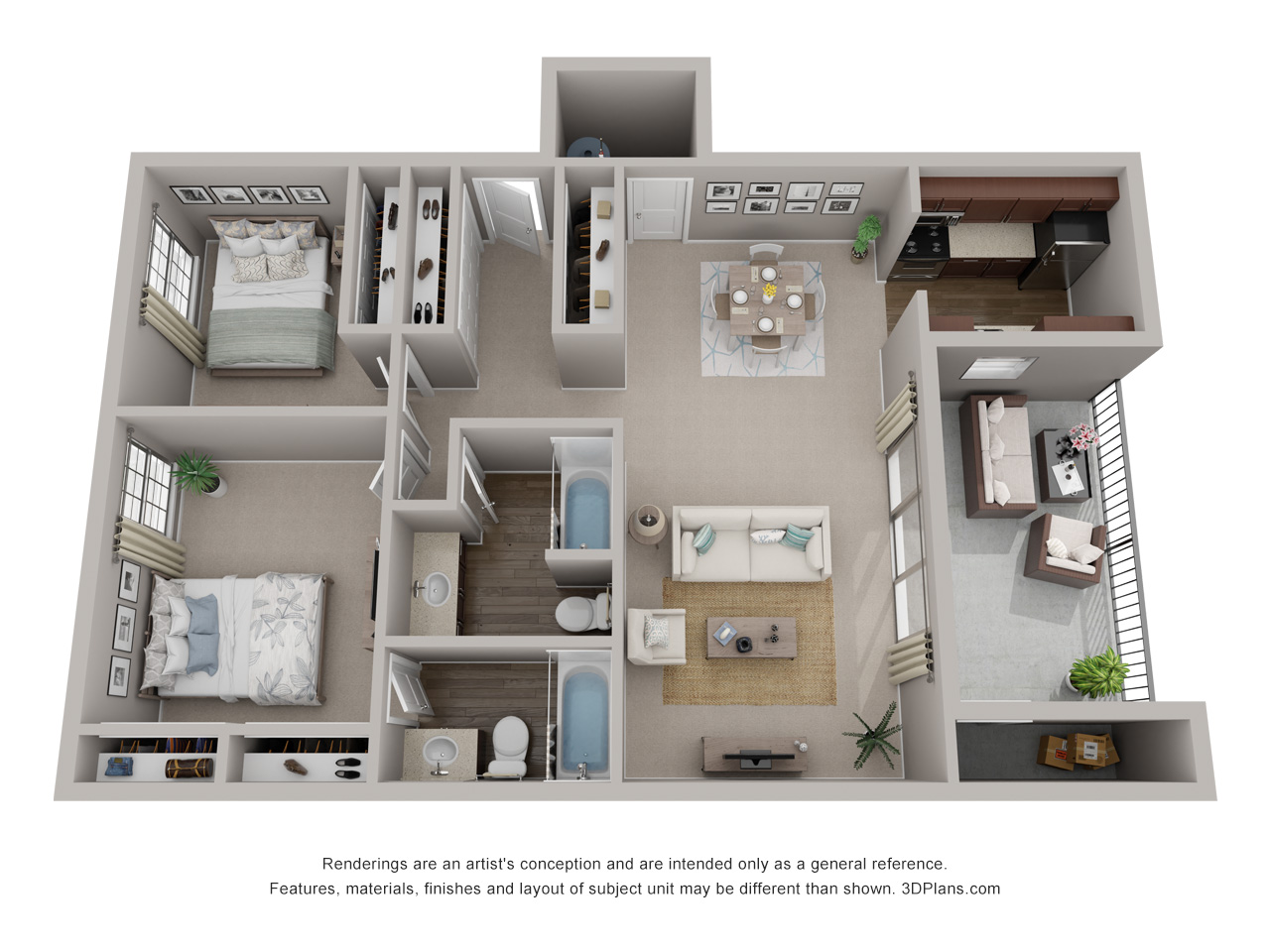 Floor plan for 2 beds, 2 baths, 1025 sqft