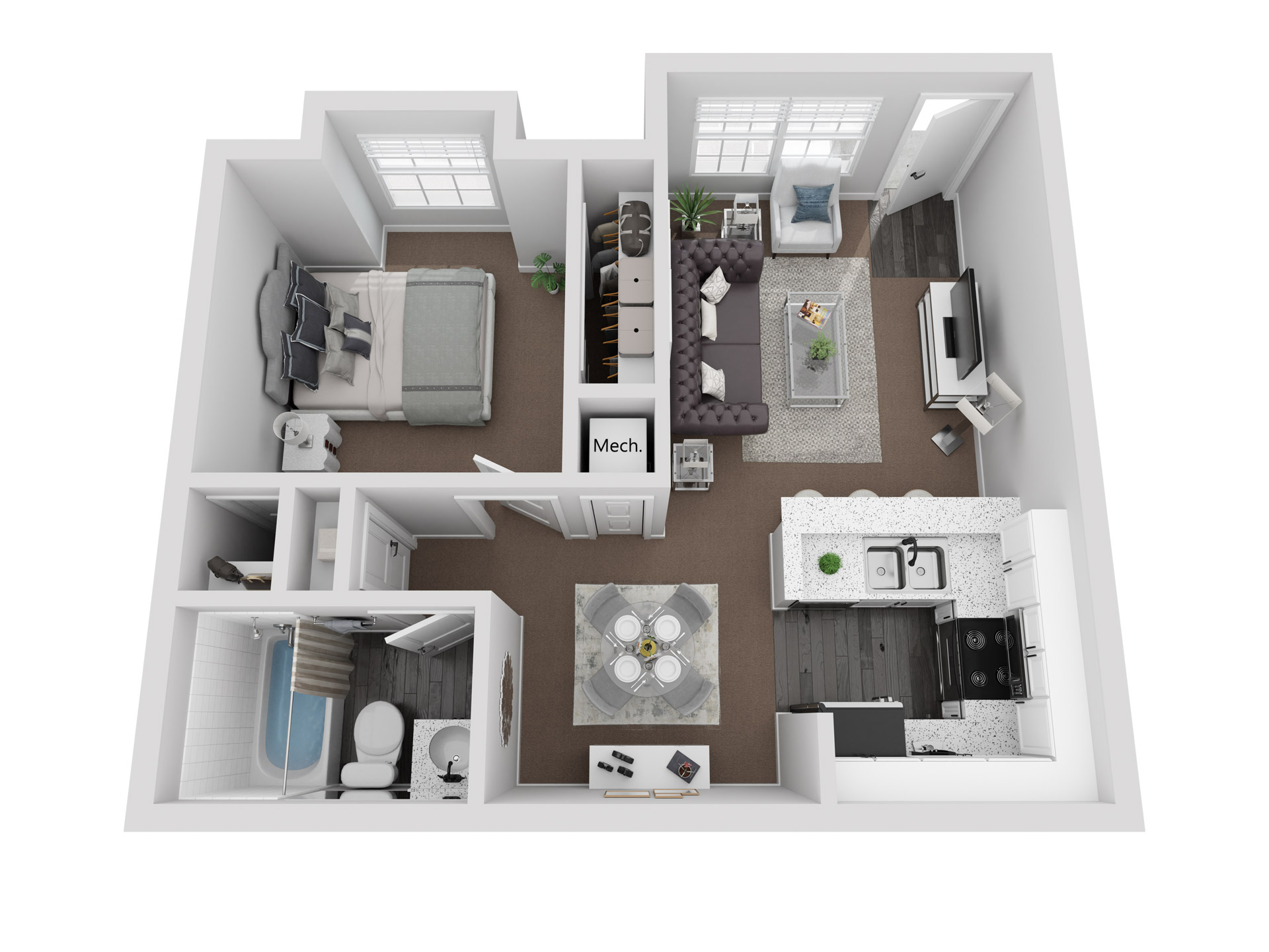 Floor plan for 1 bed, 1 bath, 599 sqft