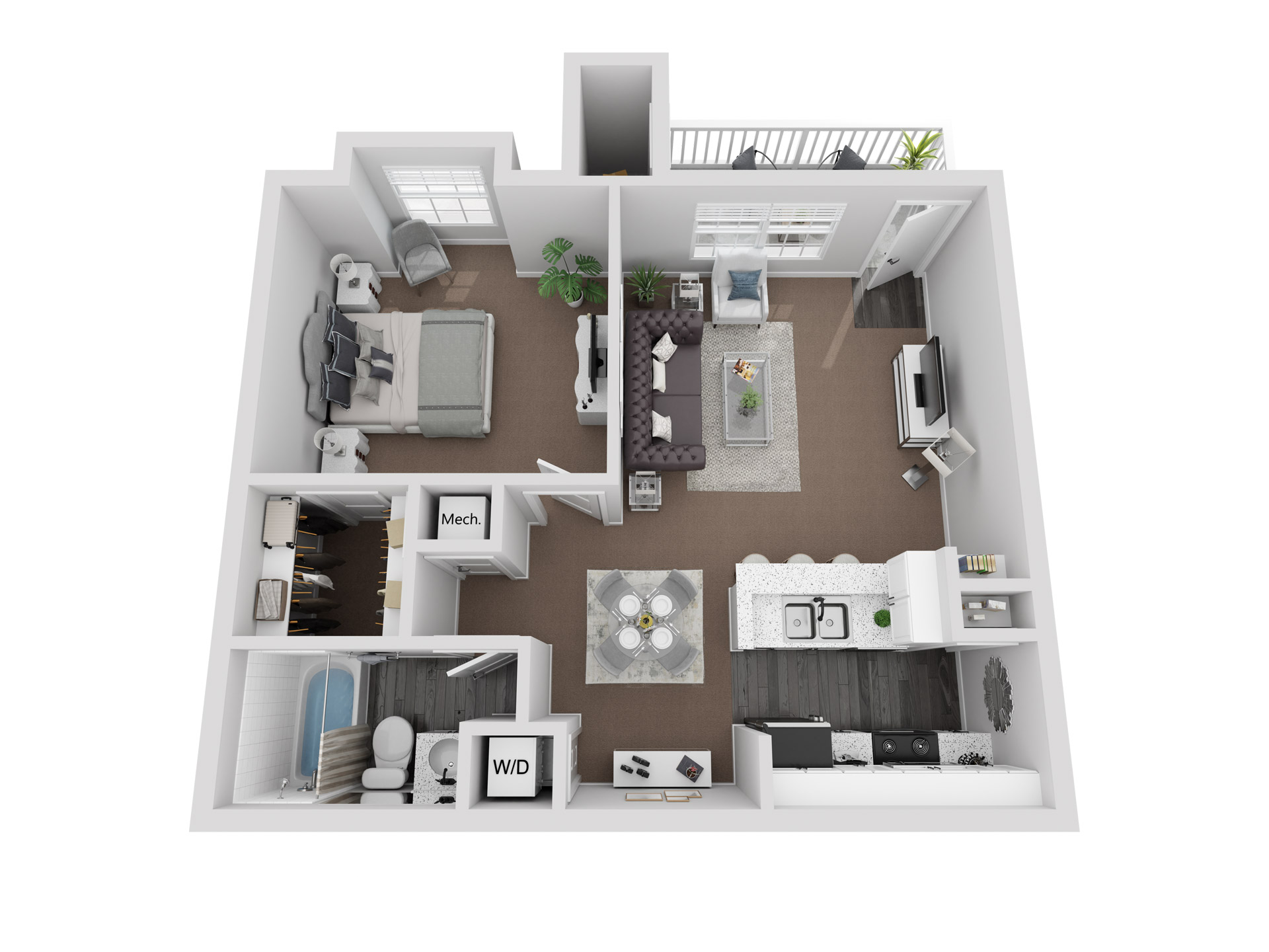 Floor plan for 1 bed, 1 bath, 687 sqft