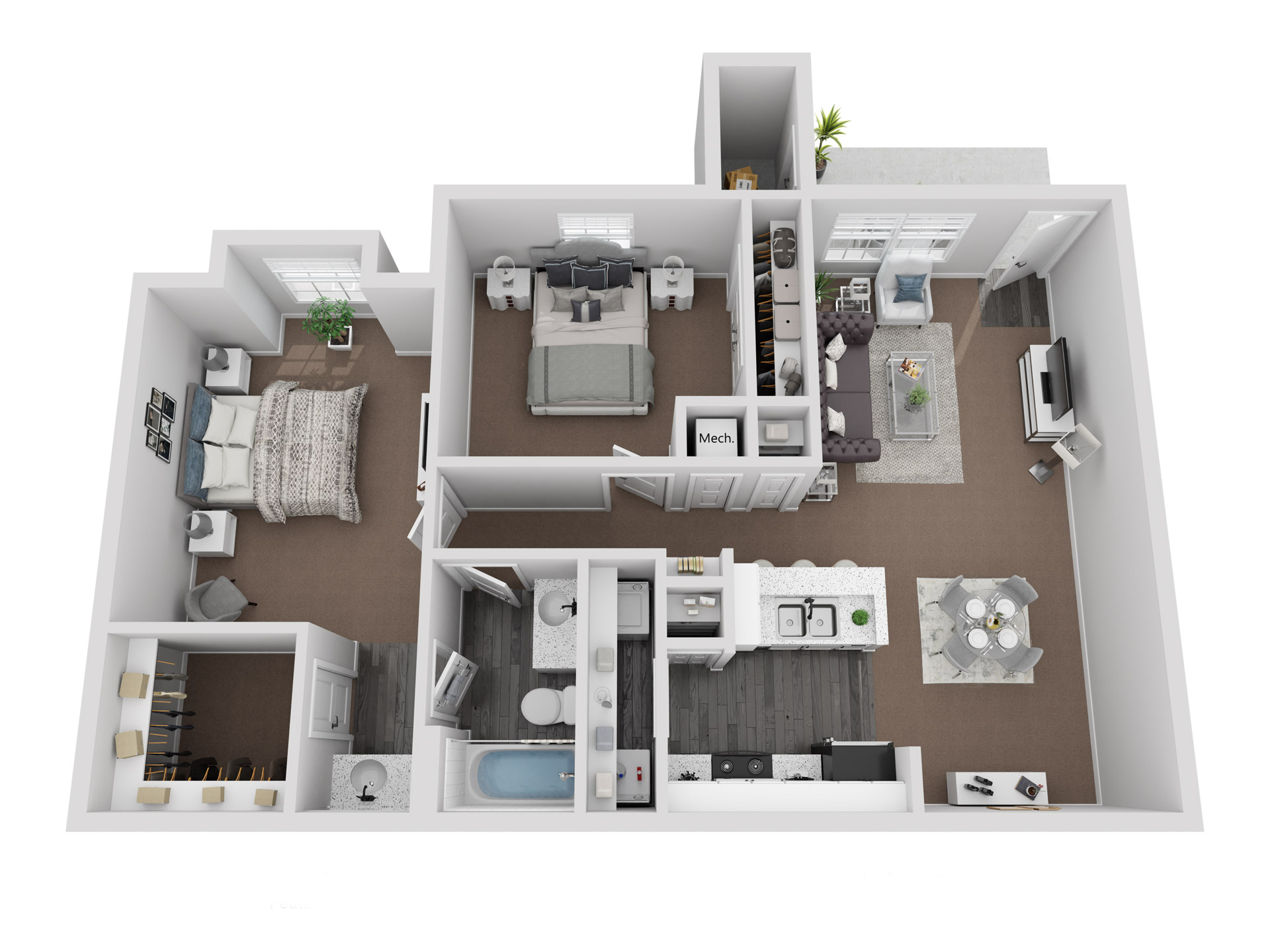 Floor plan for 2 beds, 1 bath, 934 sqft
