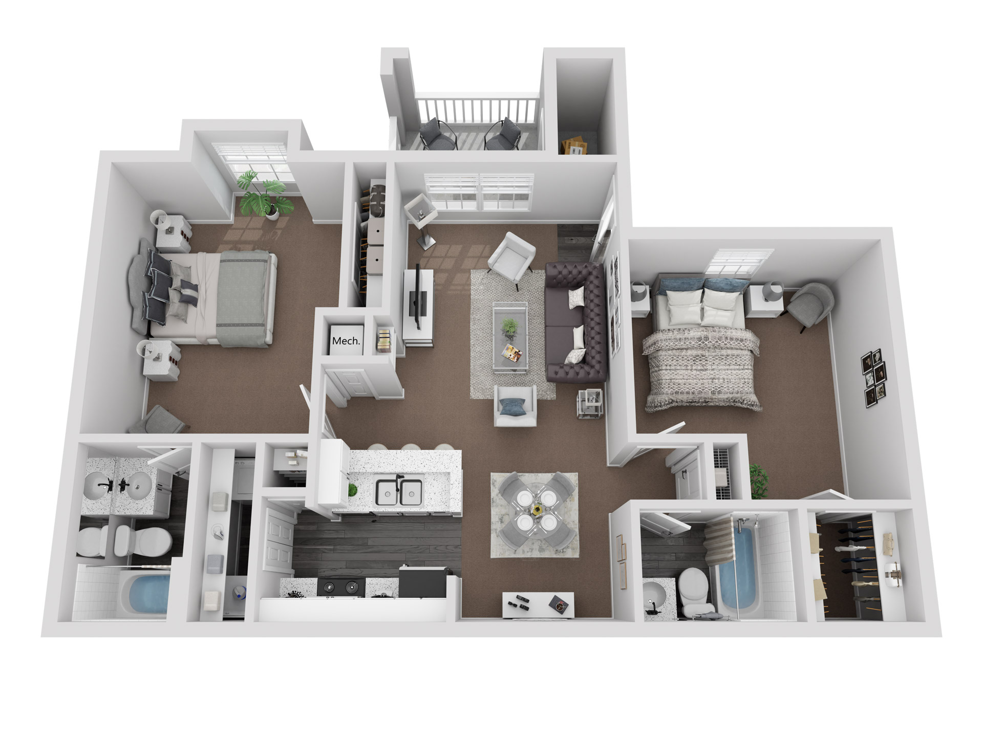 Floor plan for 2 beds, 2 baths, 937 sqft