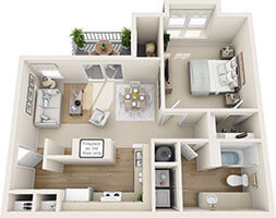Floor plan for 1 bed, 1 bath, 664 sqft