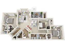 Floor plan for 3 beds, 2 baths, 1256 sqft