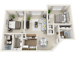Floor plan for 2 beds, 2 baths, 785 sqft